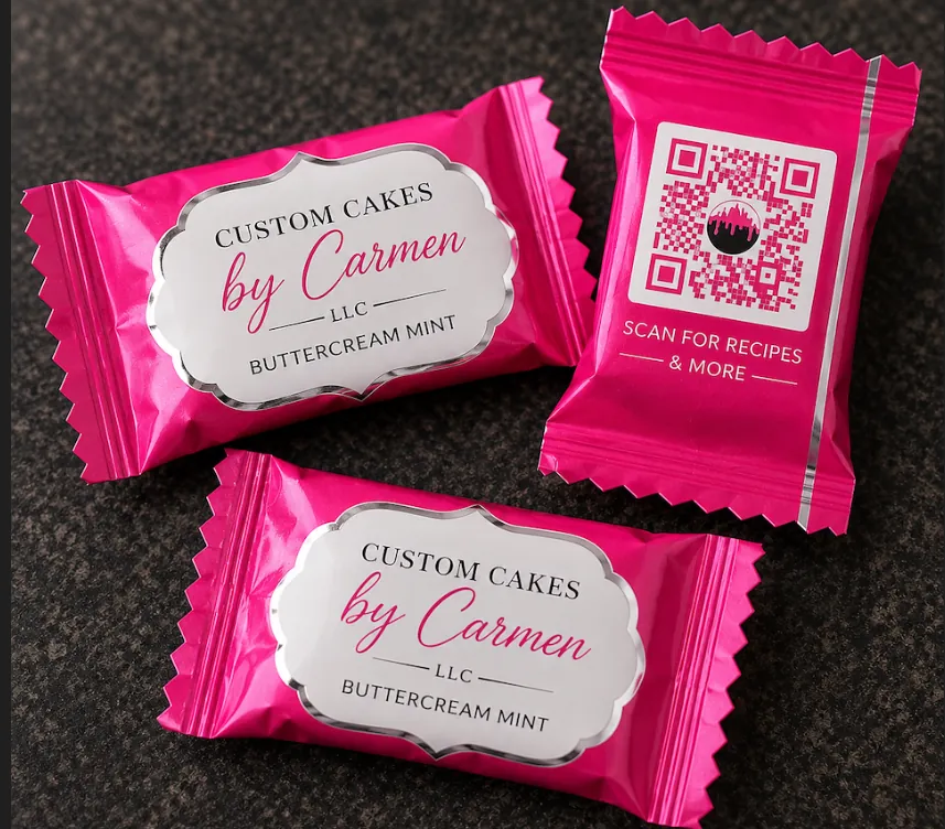 Custom Cakes By Carmen buttercream mints in pink foil wrappers with a silver-framed label