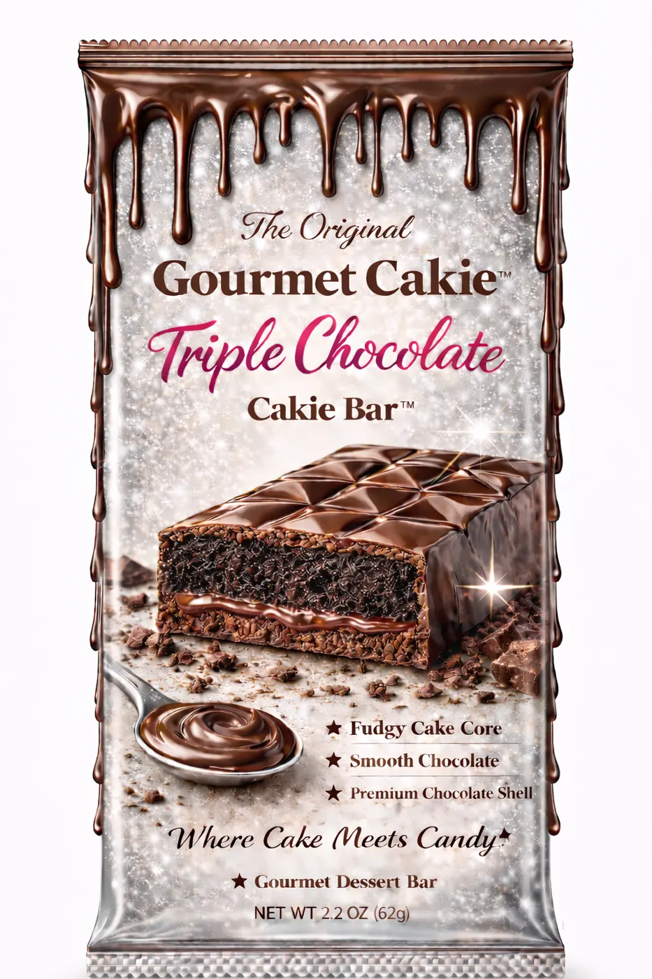 The Original Gourmet Cakie Triple Chocolate Cakie Bar package with chocolate drip artwork