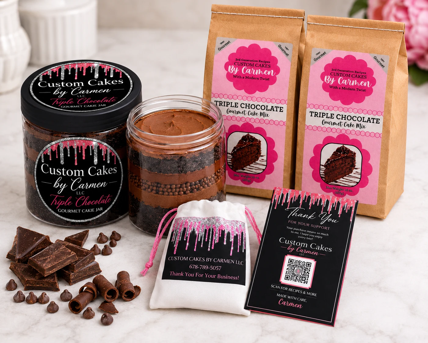 Custom Cakes By Carmen dessert jars and branded gourmet baking presentation