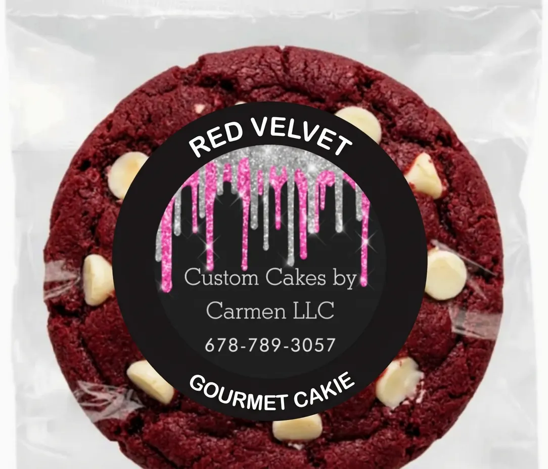 Red Velvet Gourmet Cakie in a Custom Cakes By Carmen wrapper