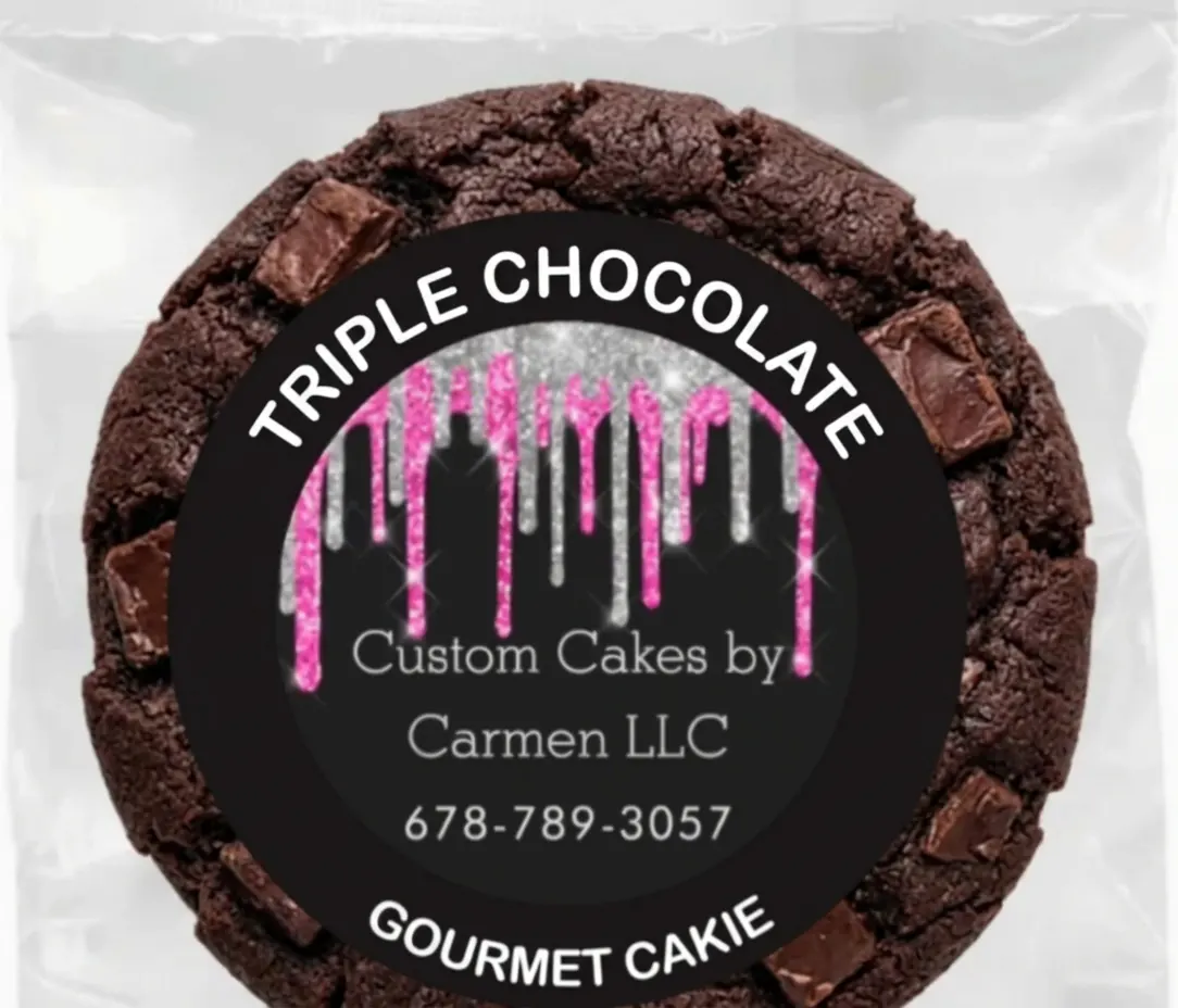 Individually wrapped Triple Chocolate Gourmet Cakie with the Custom Cakes By Carmen LLC pink and silver drip label